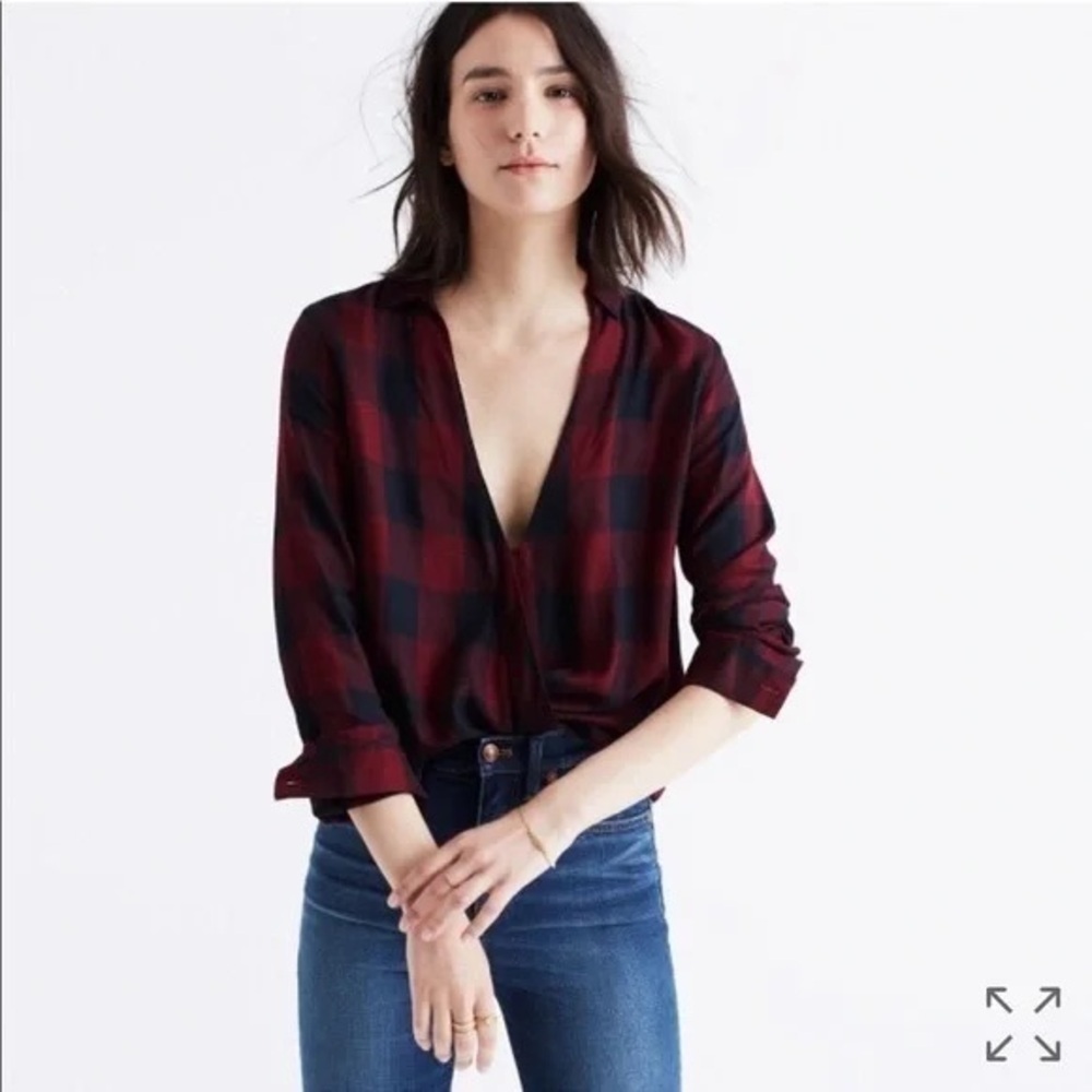 Madewell Burgundy Black Plaid Flannel Shirt Blouse Size S Holiday